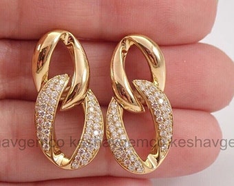 Interlocked Diamond Earrings, Fancy Dangle Earrings, Party Wear Earrings, Wedding Bridal Earrings, 14K Yellow Gold Plated, 2.2 Ct Diamond