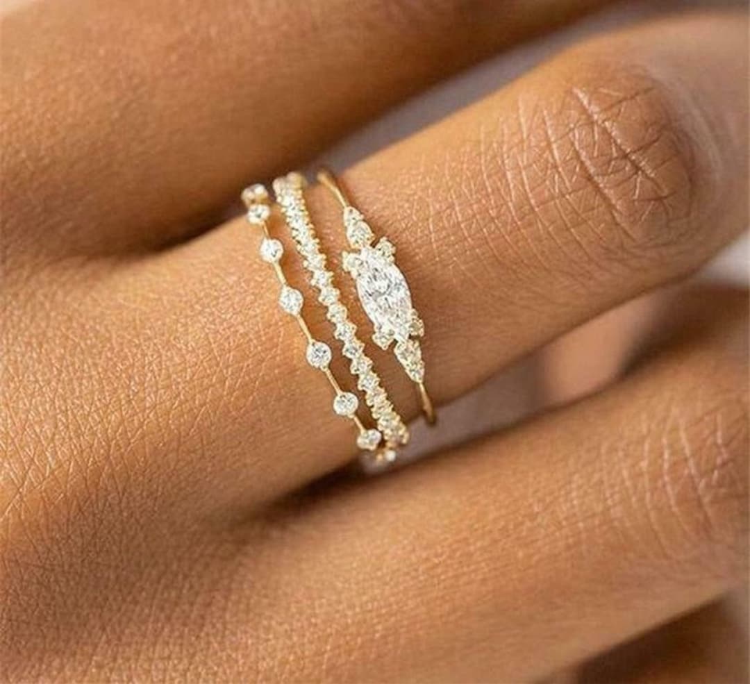 Minimalist Ring Set, 1.2 Ct Marquise Cut Diamond Ring, Engagement Ring