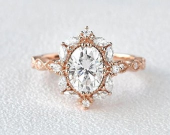 Sunburst Wedding Ring, 2 Ct Diamond Ring, 14K Rose Gold Plated, Ring For Women, Halo Engagement Ring, Silver Rings, Anniversary Gift