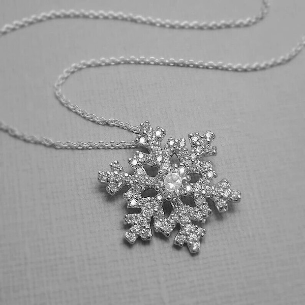 Snowflake Silver Fancy Necklace, 1.9 Ct Diamond, Silver Snowflake Pendant, 14K White Gold, Necklace Without Chain, Womens Gift For Her