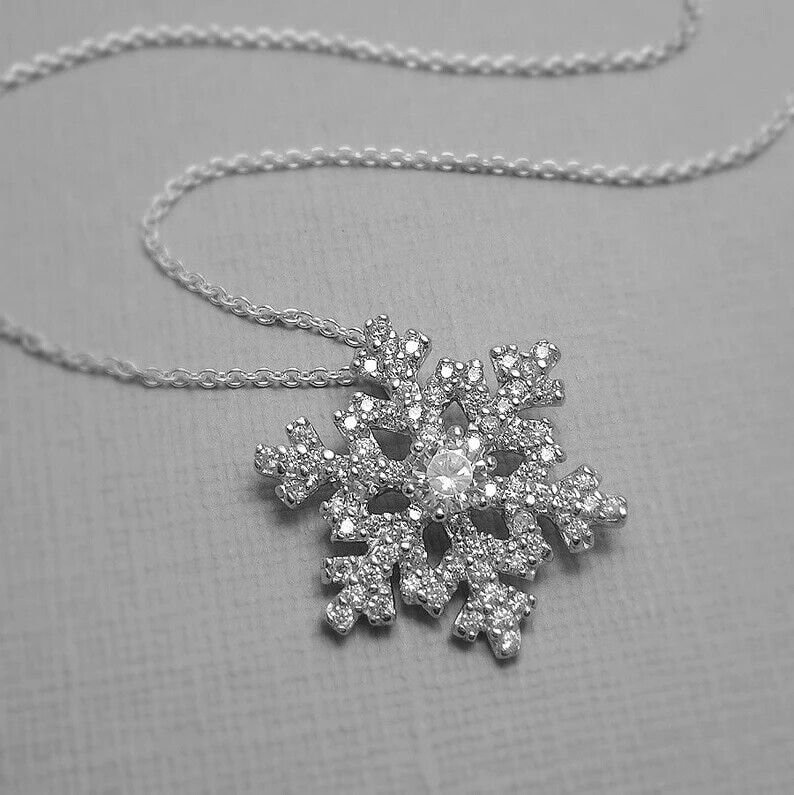 Silver Snowflake Pendant, Silver Fancy Necklace, 1.9 Ct Diamond Pendent , 14K White Gold, Anniversary Gift ,Birthday Gift Her Without Chain image 1