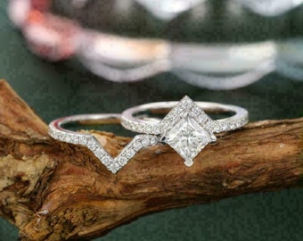 Wedding Bridal Ring Set, 2.1 Ct Diamond Ring, 925 Sterling Silver, Unique Bridal Gift Ring Set, Matching Band, Diamond Ring Set, KeshavgemCo