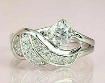 Anillo de compromiso de moissanita, hermoso anillo estilo pluma, anillos de boda para mujeres, moissanita incolora de 1,4 quilates, chapado en oro blanco de 14 quilates