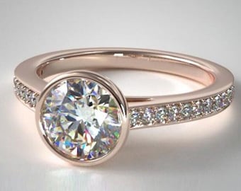 Bezel Set Ring For Women, 1.00 CT Round Diamond Engagement Ring, 14K Rose Gold Plated, Birthday Gift, Mother's Day Gift, Promise Ring Gift