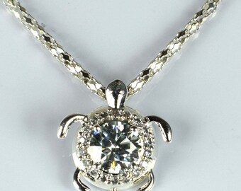 Turtle Diamond Necklace, Good Luck Charm, Animal Necklace, 14K White Gold, Necklace Without Chain, 1.8 Ct Colorless Moissanite Necklace