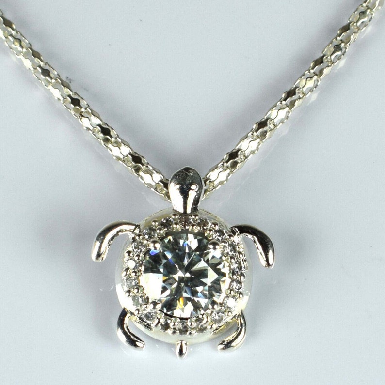 Turtle Diamond Necklace, Good Luck Charm, Animal Necklace, 14K White Gold, Necklace Without Chain, 1.8 Ct Colorless Moissanite Necklace image 1