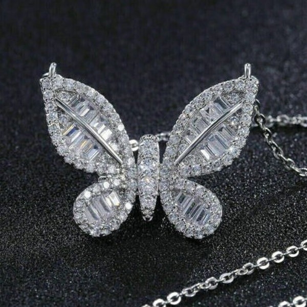 Sparkal Butterfly Wedding Women's Pendant, 2.3 CT Round Diamond Pendant, 14K White Gold Plated Pendant, Personalized Gift For Her With Chain