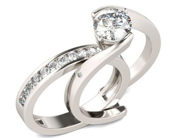 Wedding Ring Set, Bridal Moissanite Ring Set, 14K White Gold, 1.9Ct Colorless Moissanite, Bypass Engagement Ring Set, Diamond Ring With Band