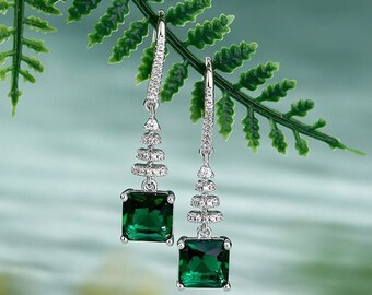 Emerald Earrings, 2.2 Ct Princess Cut Emerald Earrings, 14K White Gold Plated, Dangle Earrings, Bridal Earrings, Wedding Gifts, Gift For Her