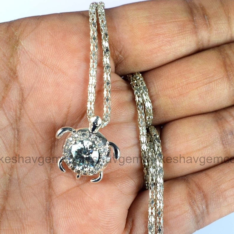 Turtle Diamond Necklace, Good Luck Charm, Animal Necklace, 14K White Gold, Necklace Without Chain, 1.8 Ct Colorless Moissanite Necklace image 4