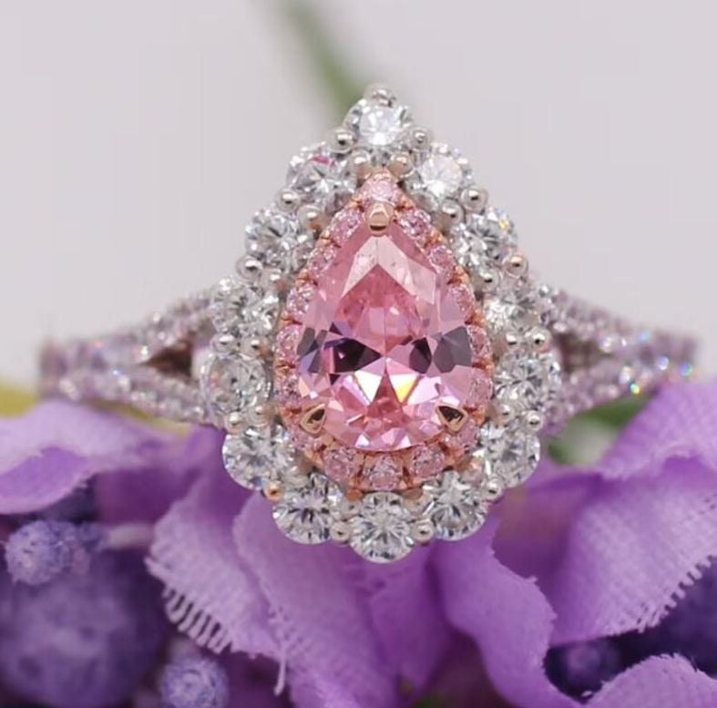 1.9 Ct Pear Light Pink Stone 14K White Gold Double Halo Diamond