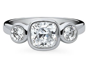 Bezel Set Ring For Women, Three Stone Engagement Ring, 1.9 CT Simulated Diamond Ring, 14K White Gold Plated, Birthday Gift, Anniversary Ring