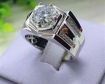 Men's Moissanite Ring, 1.85 Ct Colorless Moissanite Ring, Engagement Band, 14K White Gold, Men's Wedding Ring, Anniversary Gift For Him