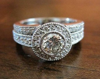 Milgrain Bridal Set Engagement Band For Women, 2.0CT Round Diamond Ring, 14K White Gold Plated, Bridal Ring, Wedding Ring, Perfect Ring Gift
