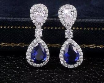 Women Drop Earrings, 14K White Gold Plated, 2.00 CT Trillion Sapphire Earring, Halo Push-Back Earrings, Wedding Gift, Promise Gift For Her