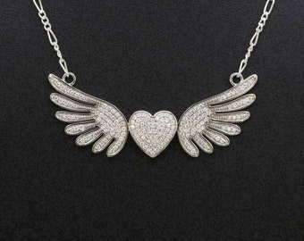 Angel Wings Necklace, Heart Diamond Necklace, 14K White Gold, 2Ct Simulated Diamond, Delicate Necklace, Wedding Necklace Gift Her With Chain