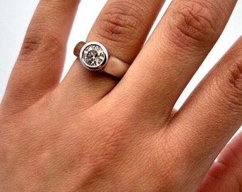Bezel Set Ring For Women, Solitaire Engagement Ring, 1.0 CT Round Diamond Ring, Trellis Prong Setting Ring, 14K White Gold, Anniversary Ring