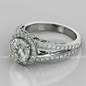 Bridal Wedding Ring Set, 2.3 Ct Round Colorless Moissanite Ring, 14K White Gold Plated, Delicate Halo Ring Set With Half Eternity Band image 2