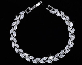 Women's Tennis Bracelet, Leaf Bracelet For Women, 3.0CT Simulated Diamond Bracelet, 14K White Gold Plated, Personalized Gift, Gift For Her