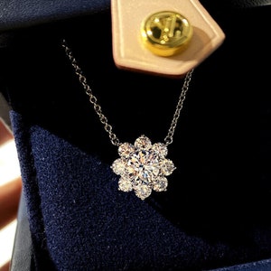 925 Sterling Silver Necklace, Cluster Diamond Necklace, 1.8 Ct Colorless Moissanite Pendant, Halo Flower Pendant With Chain, KeshavgemCo
