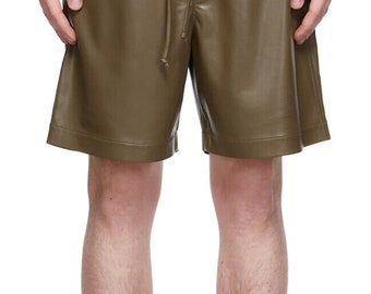Men's KHAKI Leather Shorts 100% Genuine Sheepskin Causal Shorts