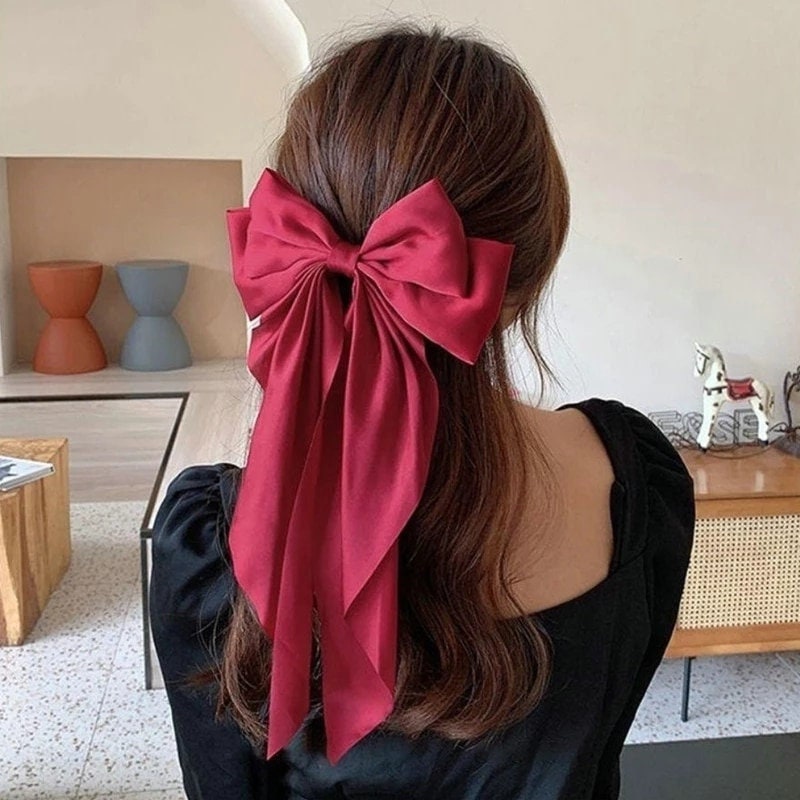 Satin Hair Bows Ties for Girls Women SilkStylish French Bow Hair Clip  Bowknot Hair Barrettes Big Ribbon Bow with Long Tail Pack Of 1 Pink