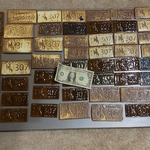 May include: A collection of 30 ceramic Wyoming licence plates, each featuring a brown and white design with the text "Wyoming" and "307" printed on them. The plates are arranged in rows on a grey surface. A US dollar bill is placed in the centre of the image.