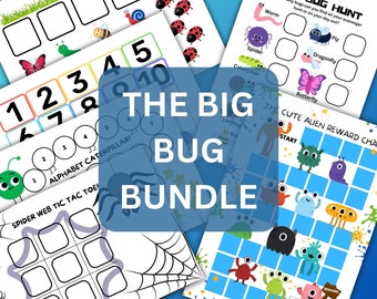 May include: A set of 12 printable PDF pages featuring bug-themed educational activities for children. The pages include a bug hunt, alphabet caterpillar, spider web tic-tac-toe, and a cute alien reward chart. The pages are colourful and feature various bug illustrations.