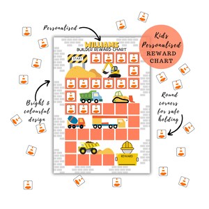 May include: A printable construction themed reward chart for children. The chart features a grid with spaces for stickers or stamps. The chart is personalised with the name "WILLIAMS" and has a "START" and "REWARD" section. The chart is surrounded by orange traffic cones.