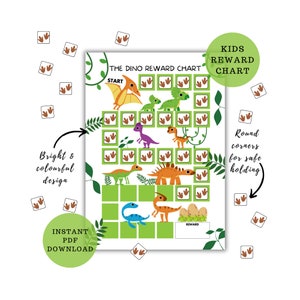 May include: A printable dinosaur reward chart with a green background and colorful dinosaur illustrations. The chart has a grid of squares with dinosaur footprints and a start and reward section. The chart is designed for kids and has rounded corners for safe holding.