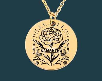 Personalized January Carnation Birth Flower Tattoo Necklace Gold Silver Jewelry Custom Name Birth Month Birthday Gift for Her Mom Grandma