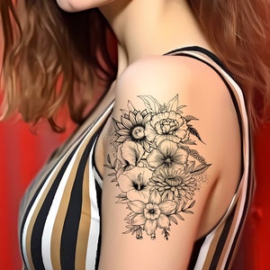 Personalized Birth Flower Print: Custom Floral Bouquet Tattoo Art - Floral Drawing (Digital Download)