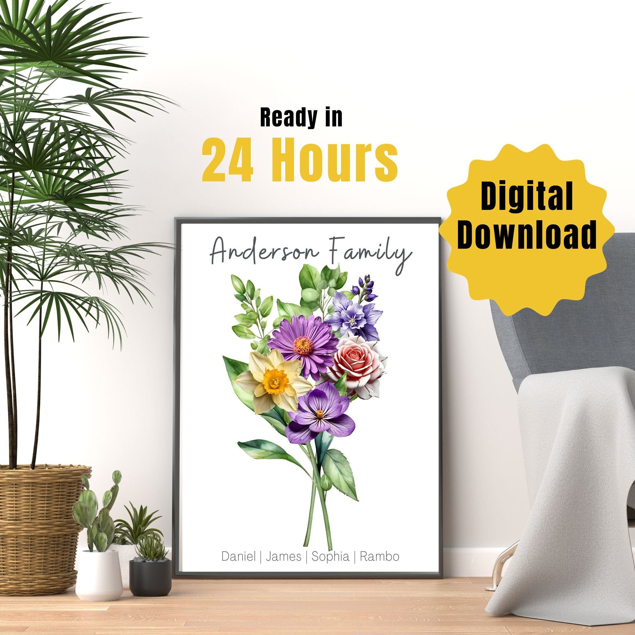 Custom Birth Flower Family Bouquet Digital Print Personalized Grandmother Gift Floral Family Portrait Grandma's Garden Personalized Wall Art