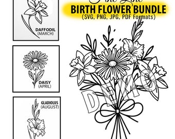 Birth Month Flower SVG Bundle: Floral Tattoo Designs - Floral Drawing (Digital Download)