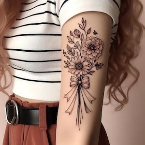 Custom Intricate Family Birth Flower Bouquet Tattoo | Fine Line Personalized Floral Tattoo | Meaningful Family Tattoo Art Gift for Mom