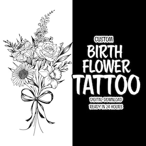 Individuelles Geburtsblumen-Tattoo, feine Linie, Geburtsblumenstrauß, Tattoo für Familie, Geburtsblumen-Tattoo-Design, personalisierte Blumen-Tattoos für den Geburtsmonat
