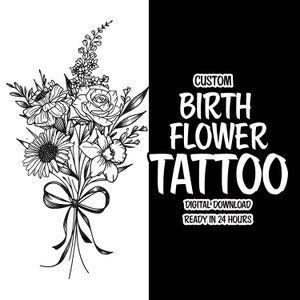 Individuelles Geburtsblumen-Tattoo, feine Linie, Geburtsblumenstrauß, Tattoo für Familie, Geburtsblumen-Tattoo-Design, personalisierte Blumen-Tattoos für den Geburtsmonat