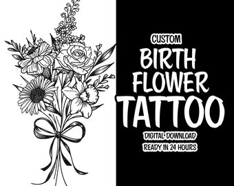 Benutzerdefinierte Geburtsblume Tattoo Fine Line Geburt Blumenstrauß Tattoo Familie Geburtsblume Tattoo-Design Personalisierte Geburtsmonat Blumen Tattoos