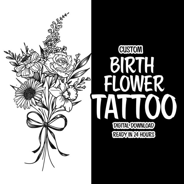 Tatuaje de flor de nacimiento personalizado, línea fina, tatuaje de ramo de flores de nacimiento, diseño de tatuaje de flor de nacimiento familiar, tatuajes de flores del mes de nacimiento personalizados