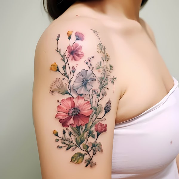 Custom Birth Flower Bouquet Tattoo Color Birth Month Tattoo Family Tattoo Grandma's Garden Downloadable Digital Personalized Tattoo Gift