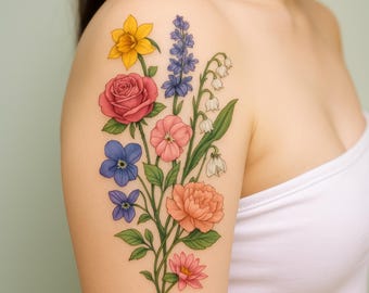 Aangepaste geboortebloem tattoo-ontwerp – gepersonaliseerd familieboeket (digitale download)
