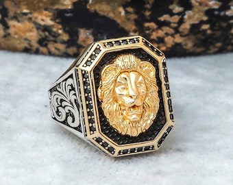 Handmade Sterling Silver Lion Ring: Turkish Ottoman Style, Onyx Stone