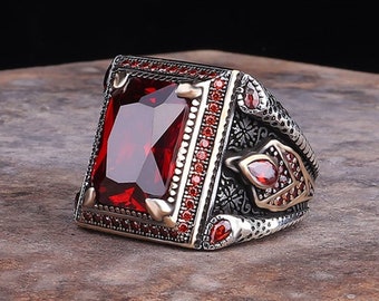 Handmade Ruby Ring: Ottoman Style 925k Sterling Silver Men&#39;s Jewelry