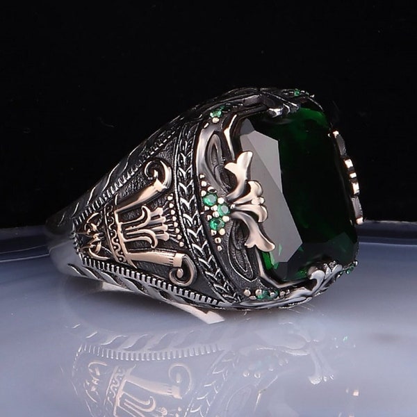 Sterling 925K Silver Men's Ring Turkish Handmade Jewelry Green Emerald Stone All Size USA