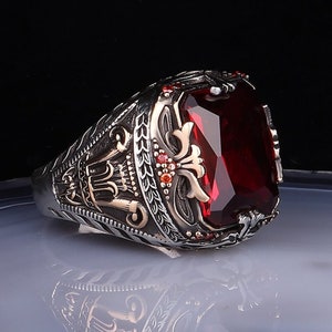 Sterling 925K Silver Men's Ring Turkish Handmade Jewelry Red Ruby Stone All Size