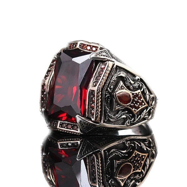 Turkish Handmade Jewelry 925k Sterling Silver Red Ruby Stone Gift for Him Mens Ring All Sizes Usa