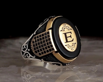 Personalized Initial Ring: Handmade 925k Sterling Silver Onyx Ring