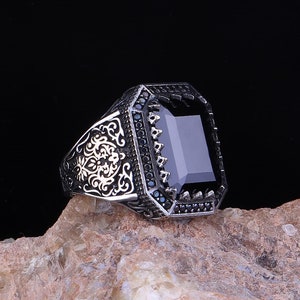 Onyx Zircon Stone Ring: Turkish Handmade 925 Sterling Silver Men&#39;s Jewelry