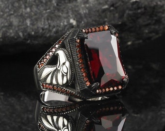Eagle Ruby Stone Ring: Turkish Handmade 925 Sterling Silver Men's Jewelry
