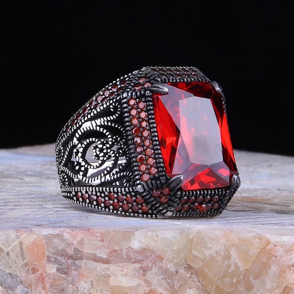 Sterling 925K Silver Men's Ring Turkish Handmade Jewelry Red Garnet Stone All Size